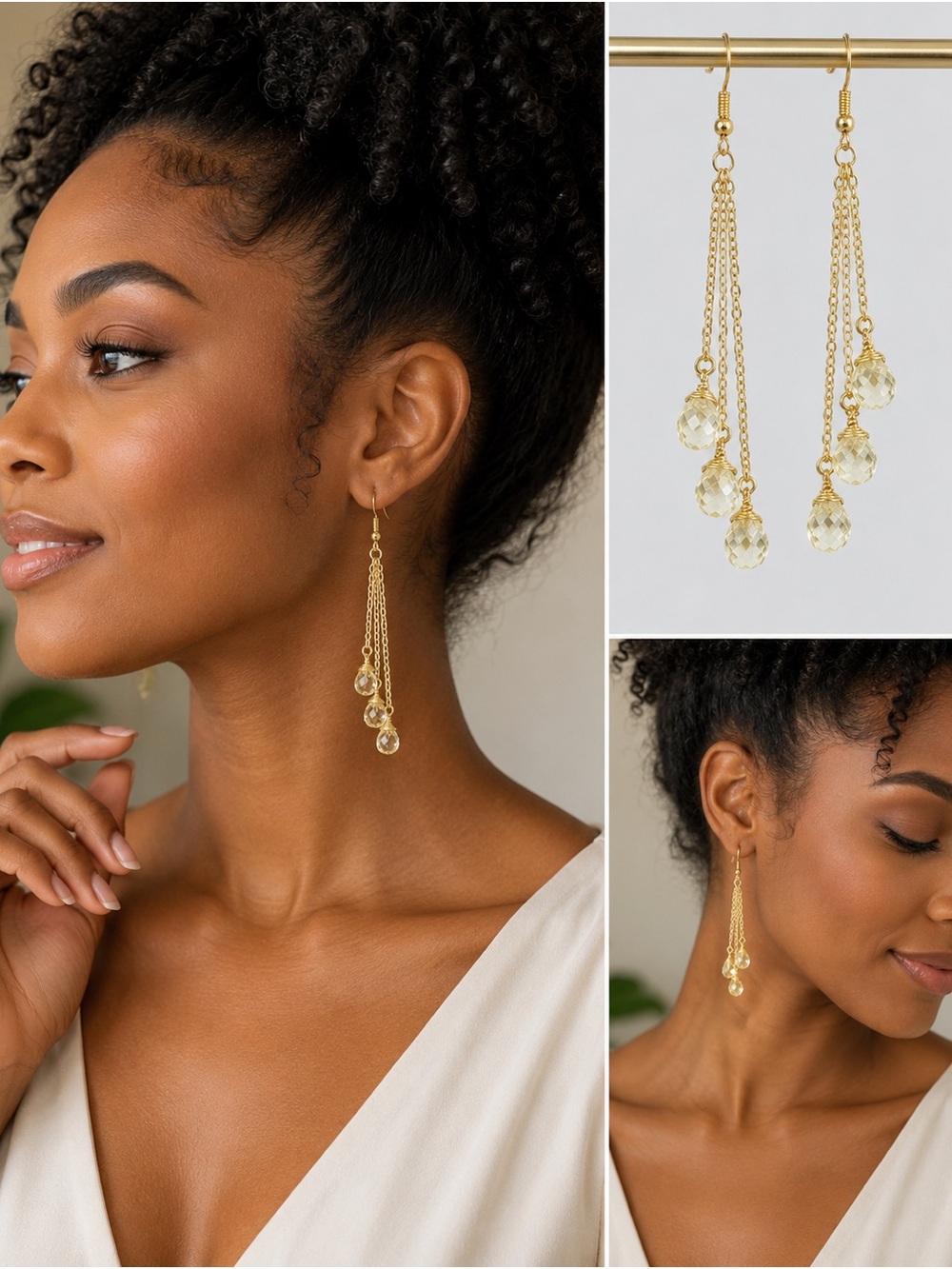 Hand Crafted Gold Chain Dangle Yellow Crystal Drop Earrings